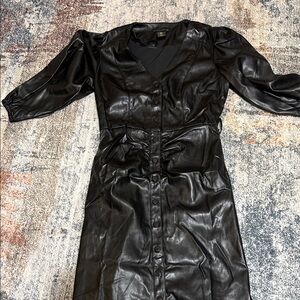 House of Harlow Black Faux Leather Button-Front Midi Dress